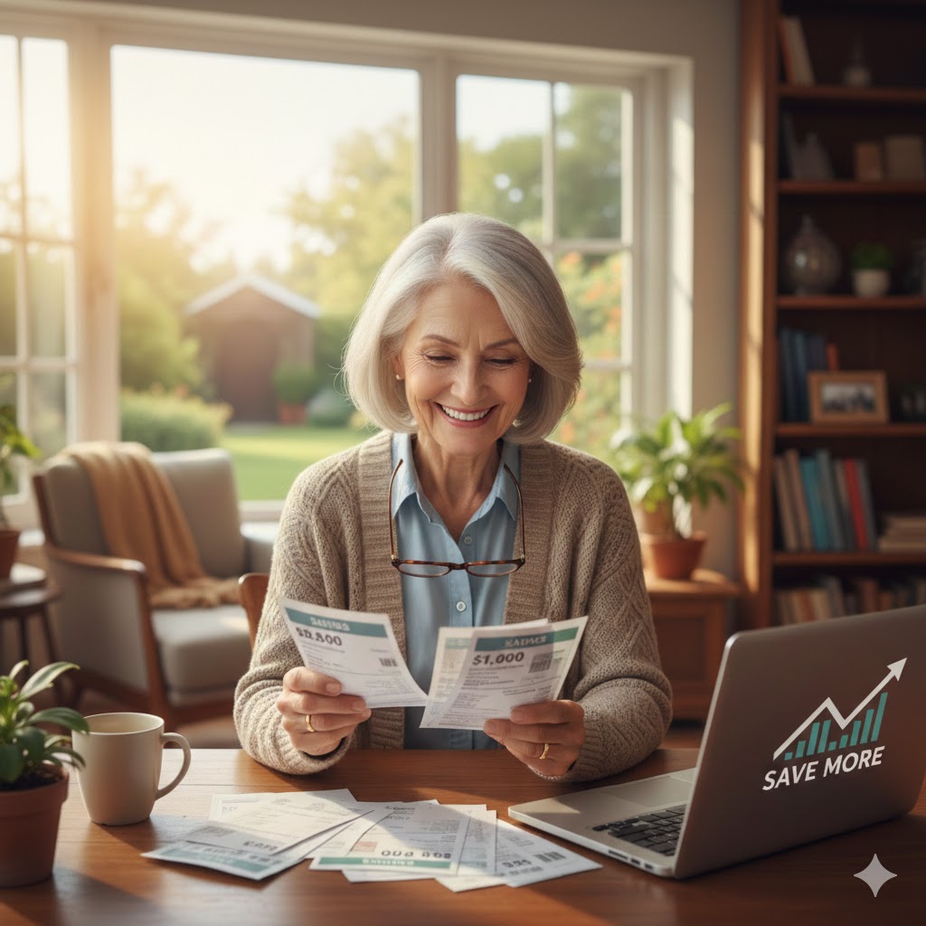 Senior woman smiling while reviewing bills and savings on laptop - BillGuard bill negotiation service